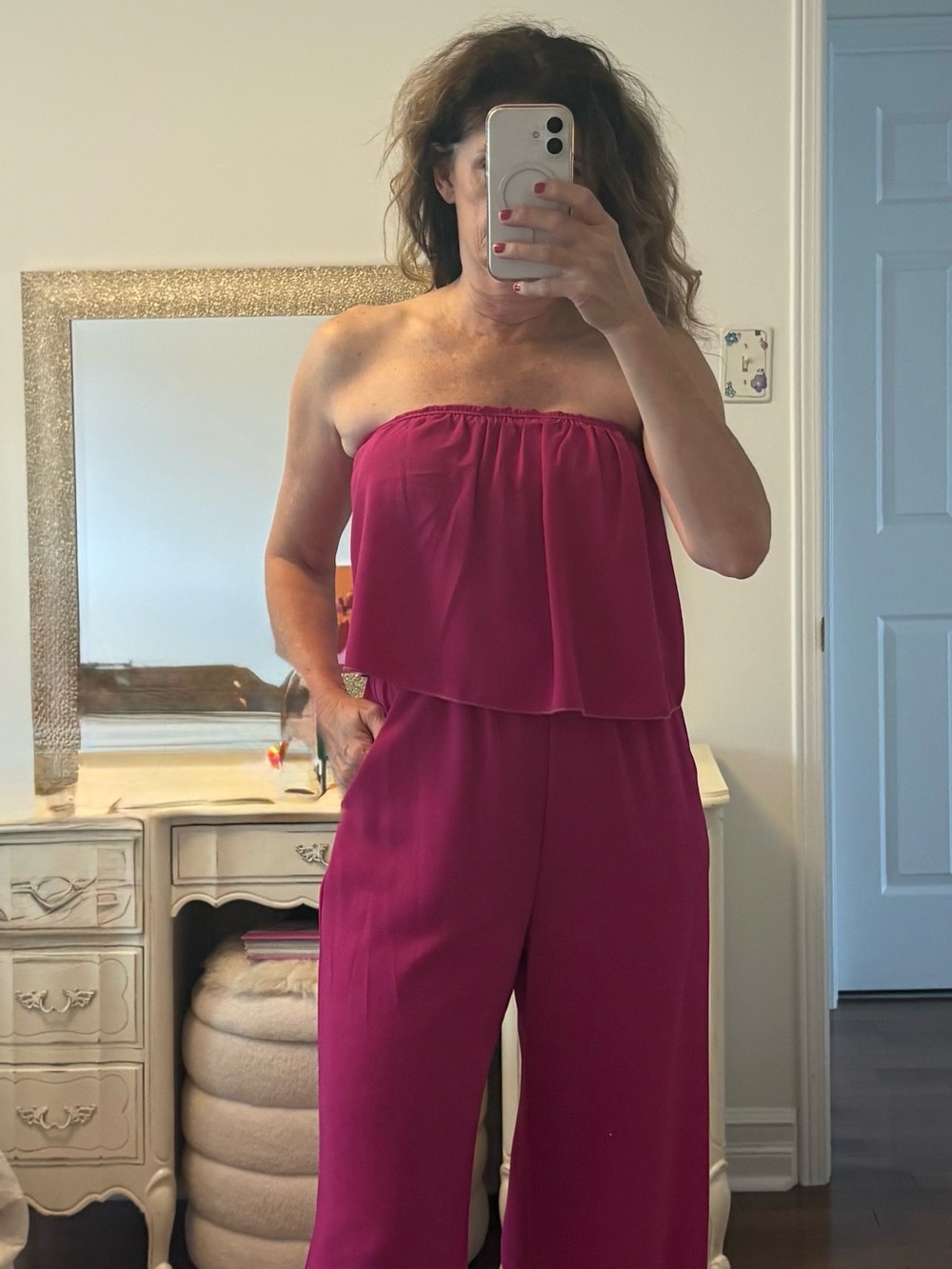 Strapless Ruffle Jumpsuit in Fuchsia